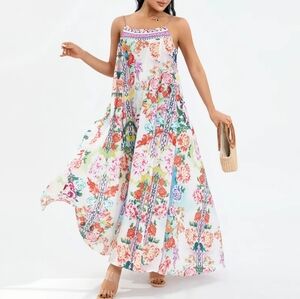 Boho Chic Floral Maxi Dress Spaghetti Strap V-Neck Flowy Summer Sundress Medium